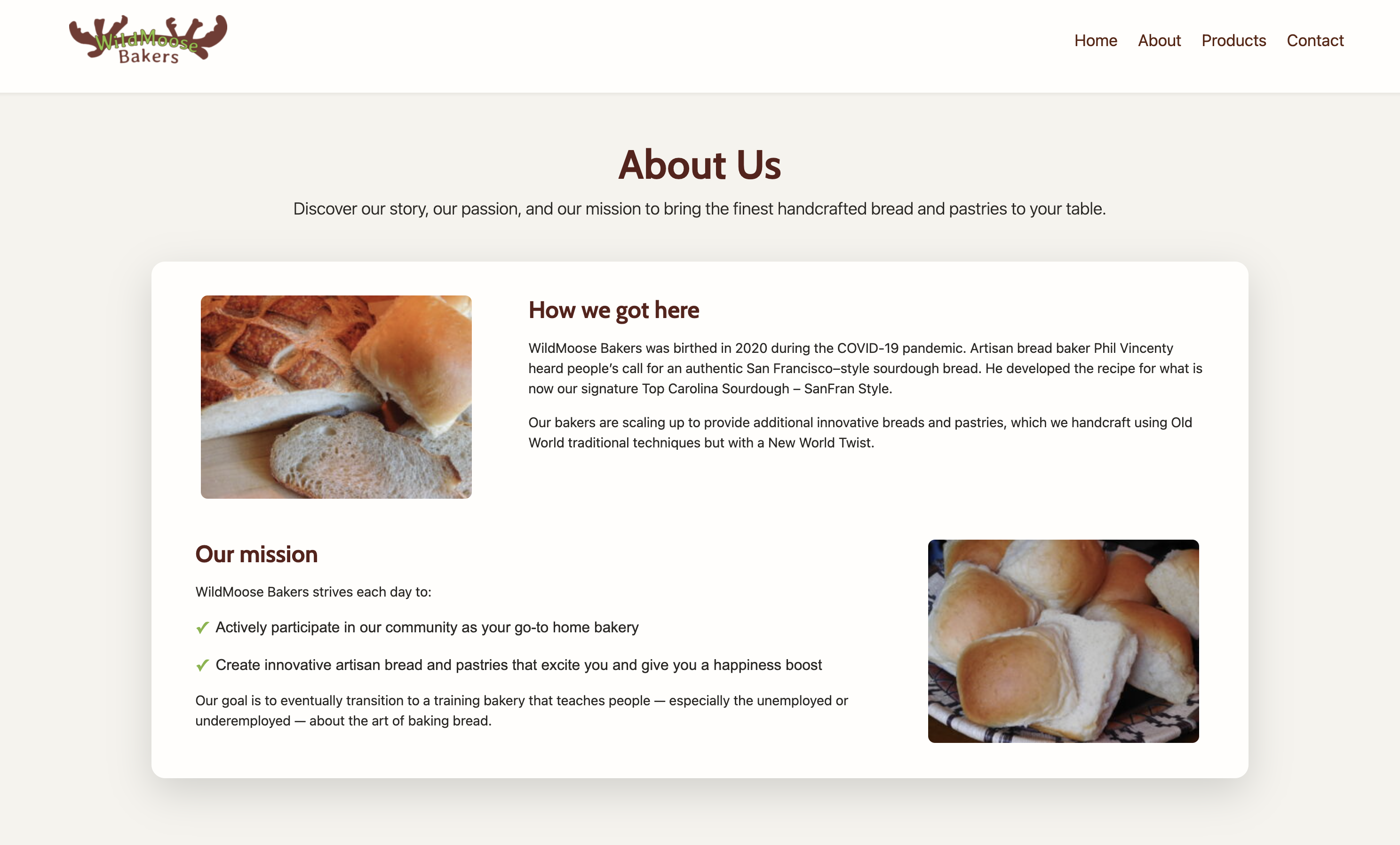 About page on the new WildMoose Bakers website