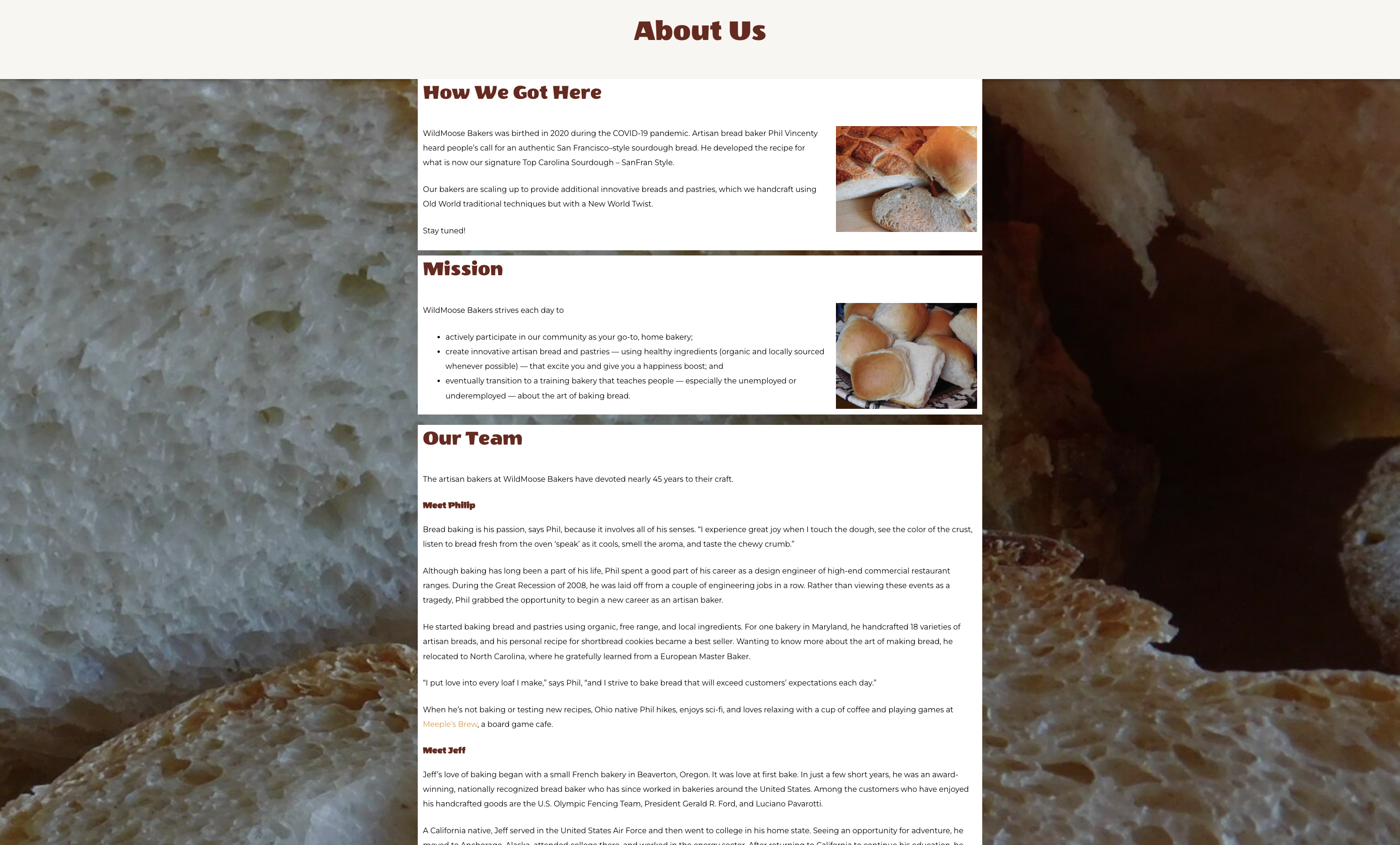 About page on the original WildMoose Bakers website