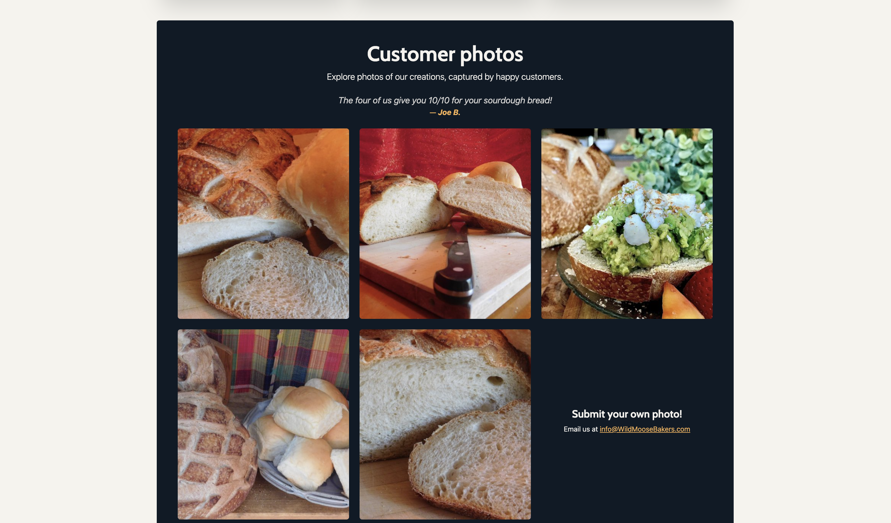 Customer photos gallery on the new WildMoose Bakers website