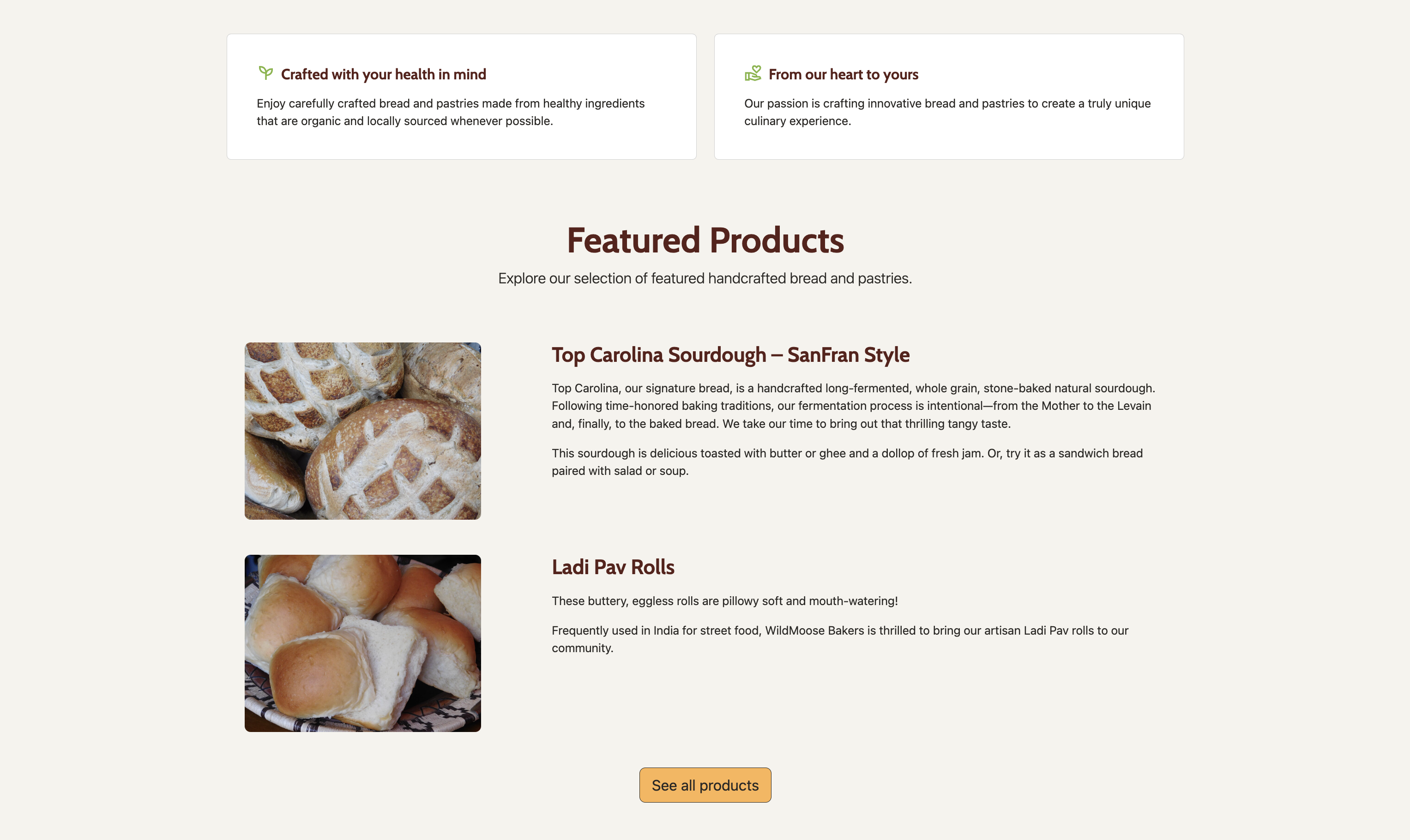 Featured products section of the original WildMoose Bakers website