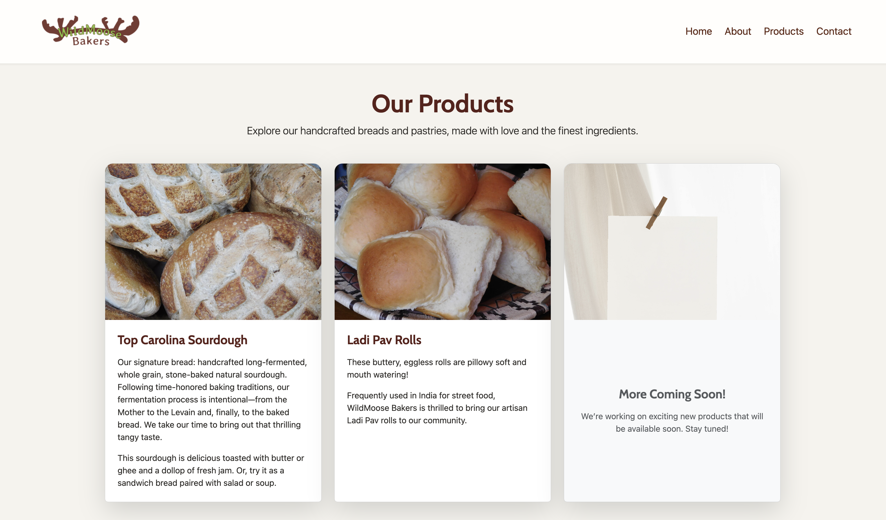 Products page of the new WildMoose Bakers website